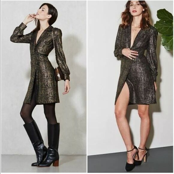 Reformation Wyler Wrap Dress Black Gold Metallic - Picture 1 of 13